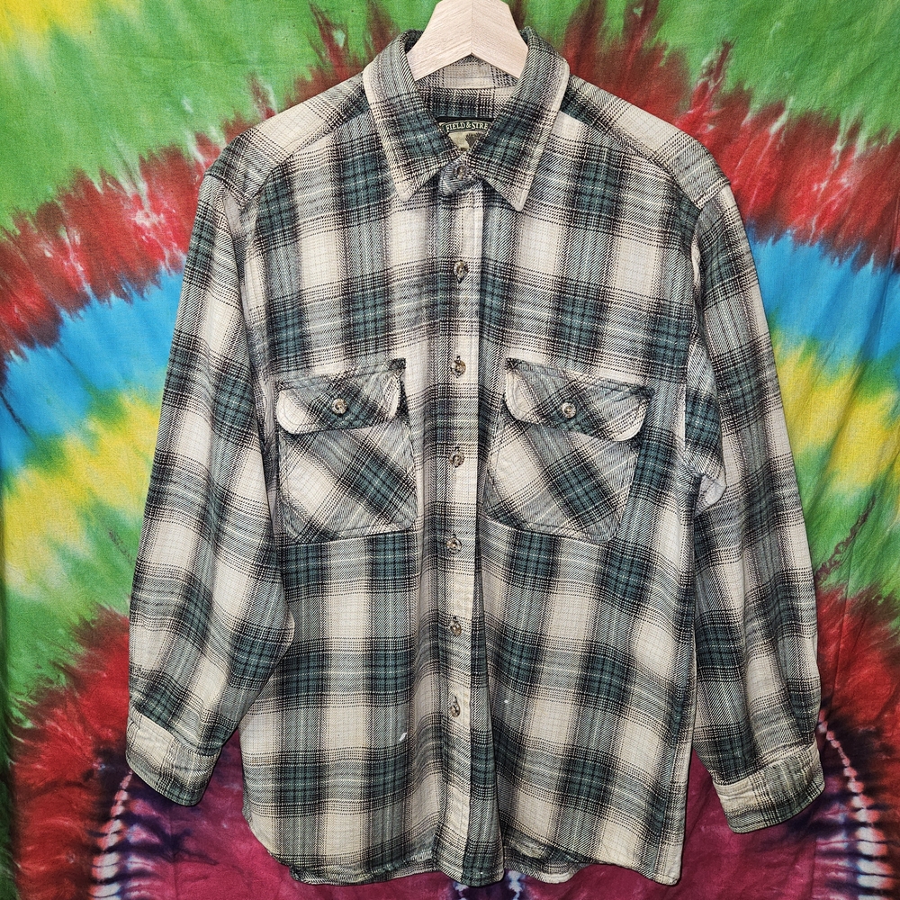 Mens Vintage Field & Stream Green Plaid Button-Up Shirt in Teal & Cream